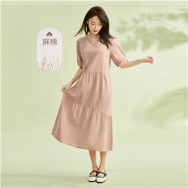 Linen cotton puff sleeve lightweight dress