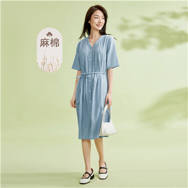 Linen cotton v-neck tie waist short sleeve dress