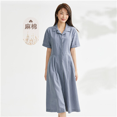 天然麻棉梭织法式V领薄短袖衬衫连衣裙