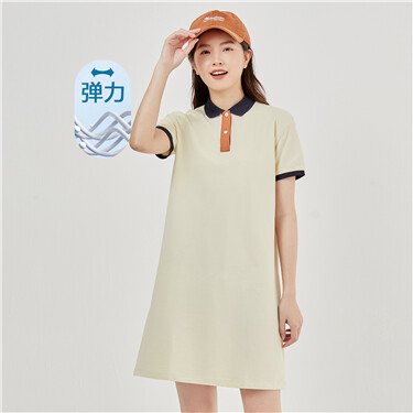 Contrast color short sleeve stretchy polo dress