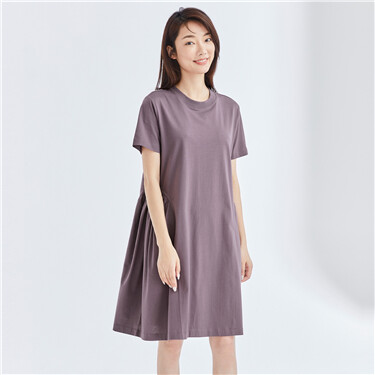 纯棉针织纯色褶皱圆领短袖连衣裙