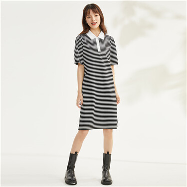 Contrast color stripe puff sleeve polo dress