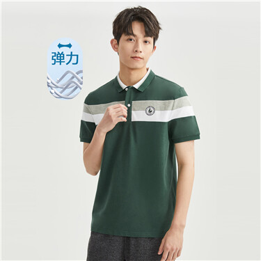 撞色绣章针织弹力珠地布短袖POLO