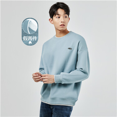 Fake 2-piece fleece-lined embroidered sweatshirt