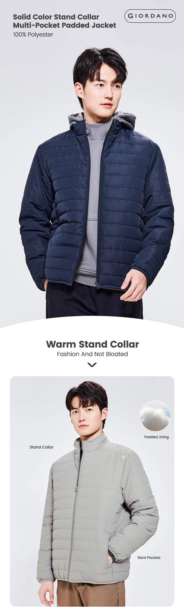 Solid color stand collar padded jacket GIORDANO Online Store