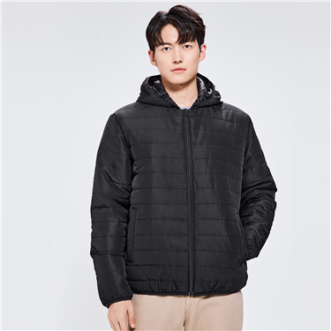 Multi-pocket solid color padded hooded jacket