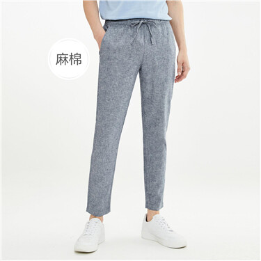 Linen-cotton elastic waistband pants
