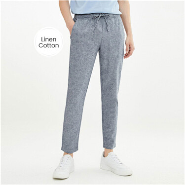 Linen-cotton elastic waistband pants