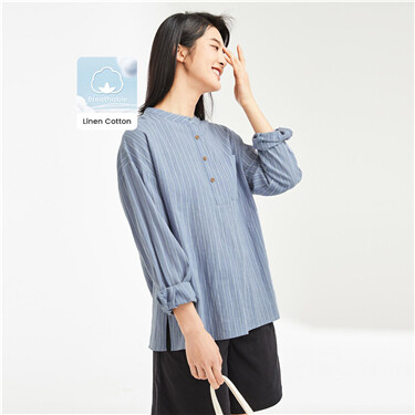 Linen-cotton V neck drop-shoulder-sleeve blouse