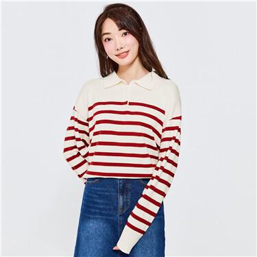 Stripe oversize long sleeve knit polo shirt