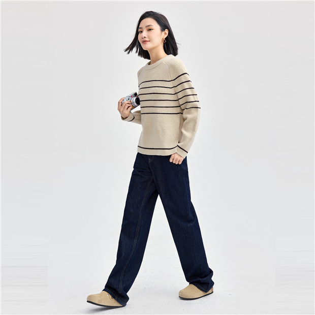 Striped Slit Crew Neck Raglan Wool Pullover Sweater Striped Slit Crew Neck Raglan Wool Pullover Sweater