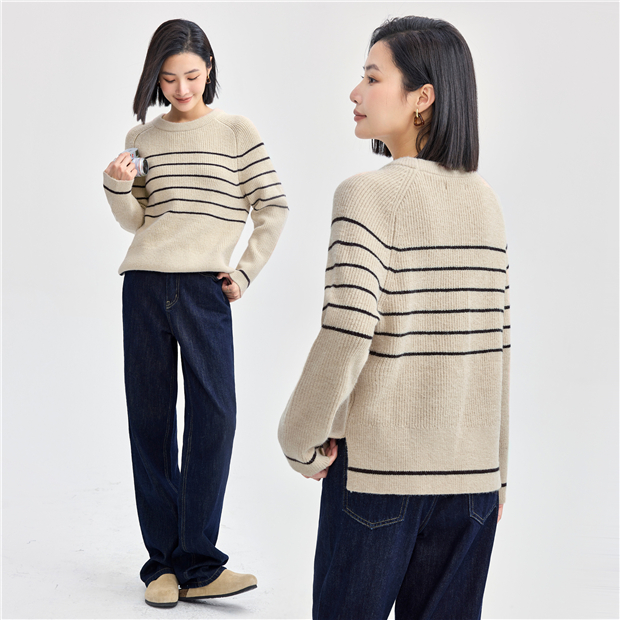 Striped Slit Crew Neck Raglan Wool Pullover Sweater Striped Slit Crew Neck Raglan Wool Pullover Sweater