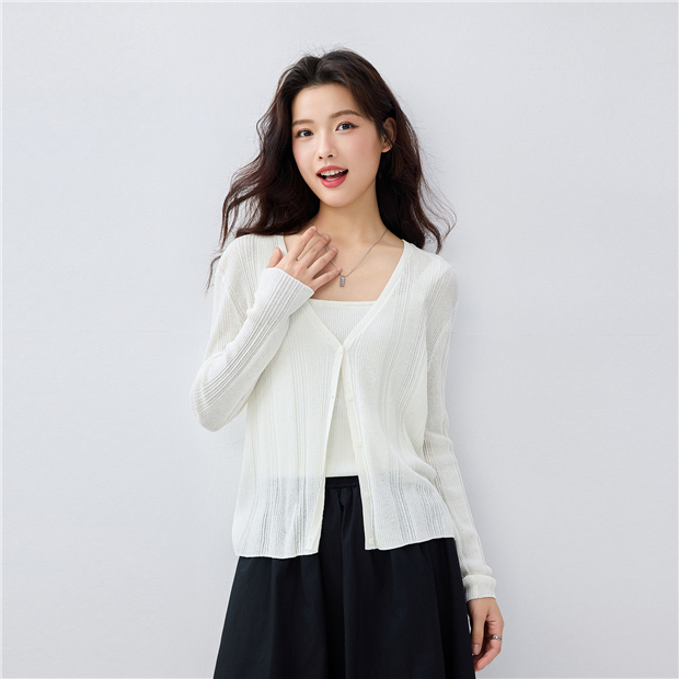 Semi-sheer v-neck rib cardigan | GIORDANO Online Store