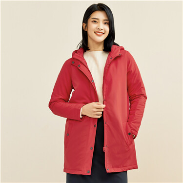 Solid color mid-long hooded coat