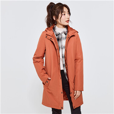 Solid color mid long padded hooded jacket