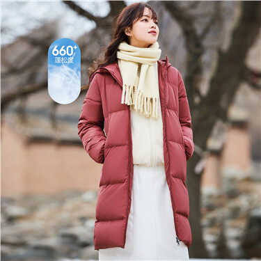 Solid color mid long hooded duck down jacket