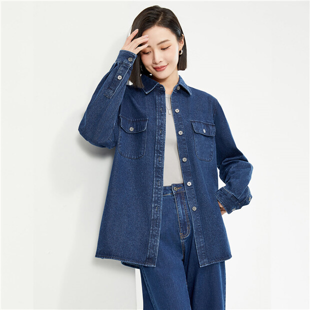 Double pockets mid long denim jacket | GIORDANO Online Store