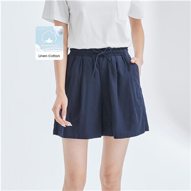 Linen cotton ribbon elastic waist shorts