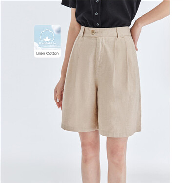 Linen cotton pleated mid rise shorts