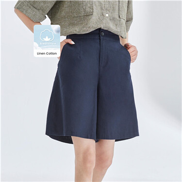 Linen cotton half elastic waist loose shorts