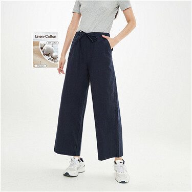 Linen-cotton elastic waistband wide-leg pants