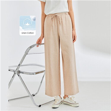 Linen cotton elastic waist wide leg pants