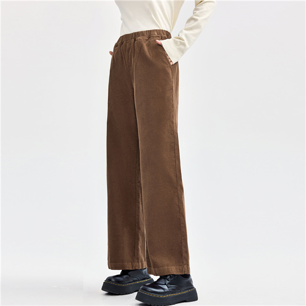Elastic waist wide leg cotton corduroy pants | GIORDANO