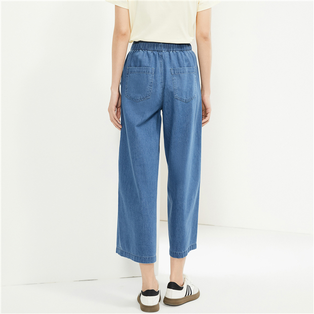 Elastic waist wide leg cotton crop denim jeans | GIORDANO