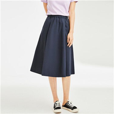 Solid color pleated elastic waist skirt