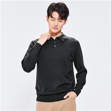Solid color long-sleeve knit polo shirt