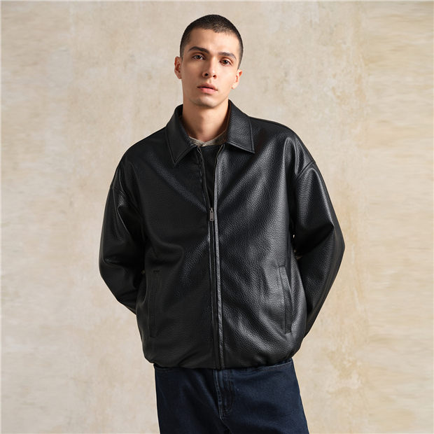 Notched collar loose pu leather jacket | GIORDANO Online Store