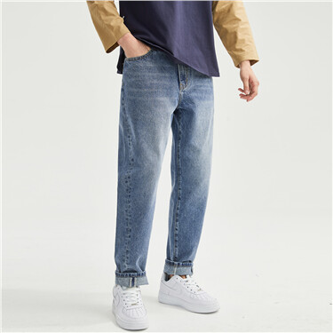 Moustache effect five-pocket mid rise denim jeans