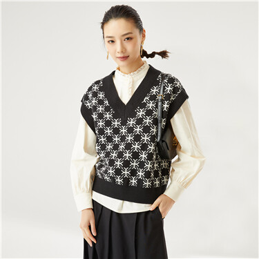 Snow pattern v-neck sleeveless sweater
