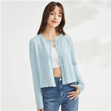 Hollow out wave edge crewneck cardigan