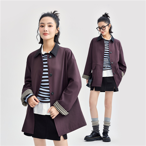 Contrasting collar plaid patchwork jacket | GIORDANO Online