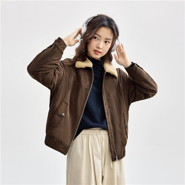 Detachable fleece collar corduroy padded jacket | GIORDANO
