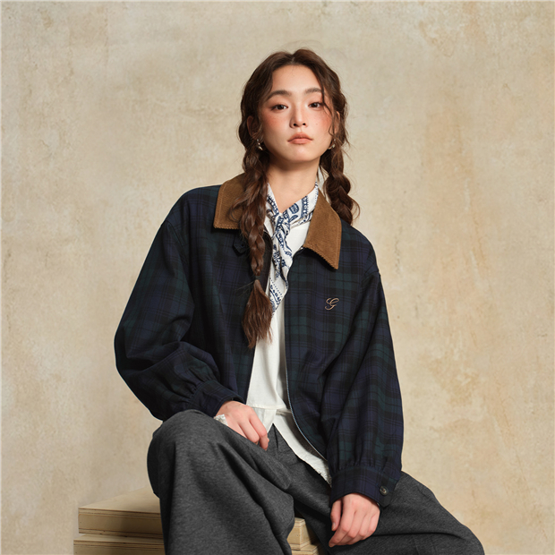 Corduroy collar embroidery plaid jacket | GIORDANO Online Store