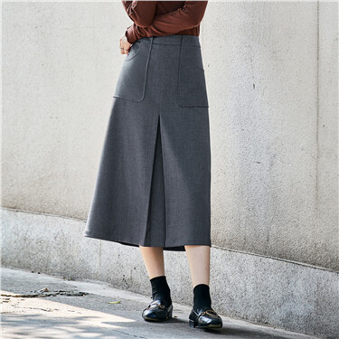 Double pockets inverted pleat a-line long skirt