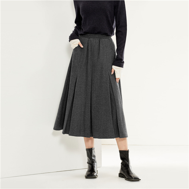 Elastic waist herringbone woolen pleated skirt | GIORDANO