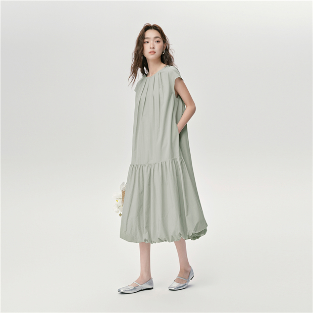 strapless open back dress Pleated Round Neck Women Midi Dress With Leather Belt – GOELIA main image 1